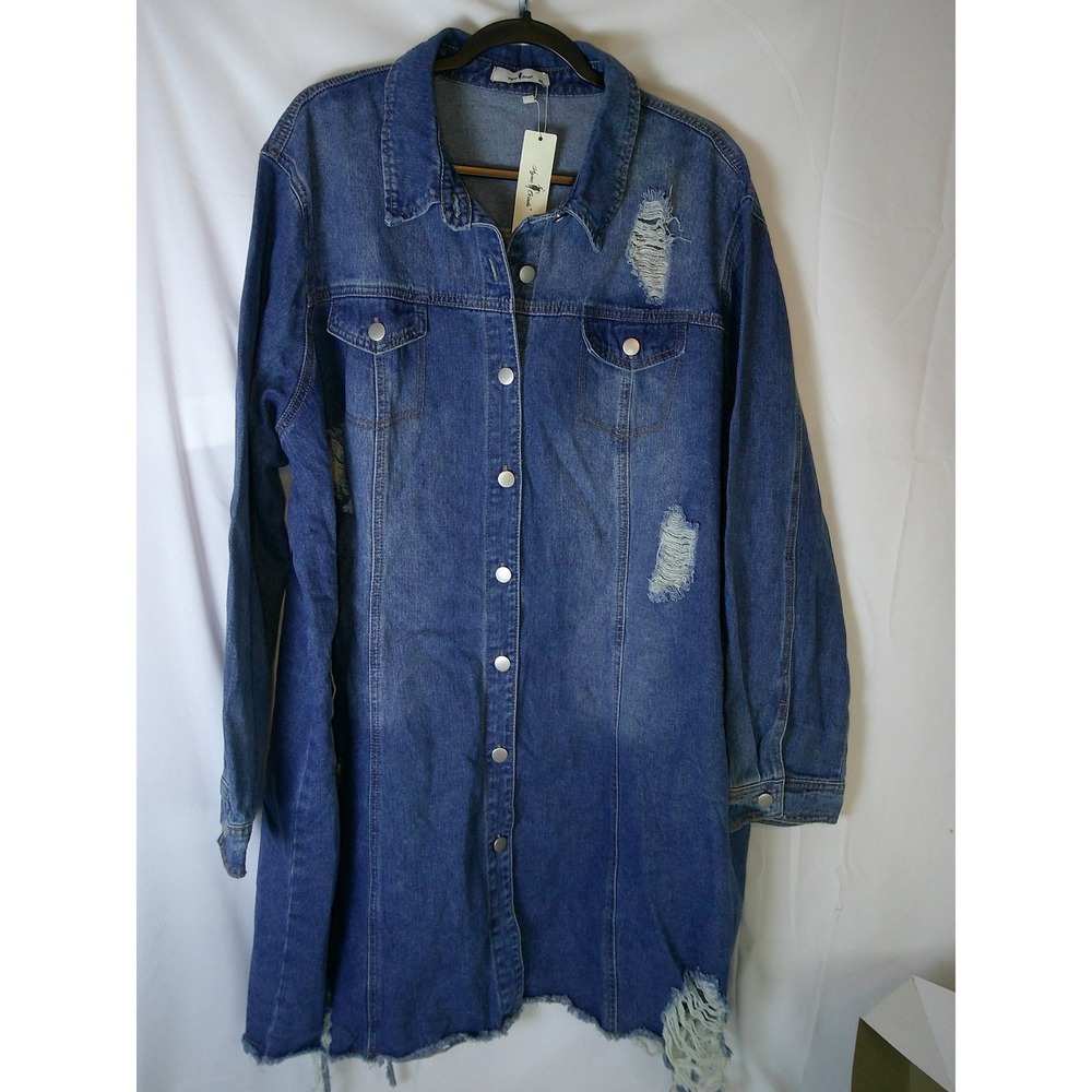 Agnes‎ Orinda Womens Blue Distressed Longline Denim Jacket Ripped Raw Hem 4X NEW